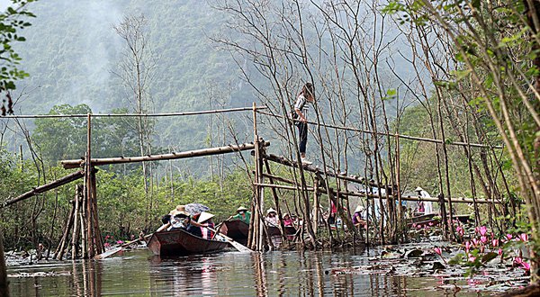 du khách tham quan chùa Hương và ngắm nhìn những bông hoa súng xinh đẹp