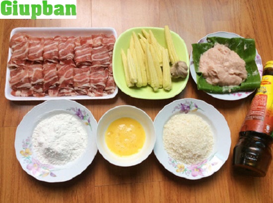 nguyên liệu chuẩn bị làm món thịt bò cuốn ngô non